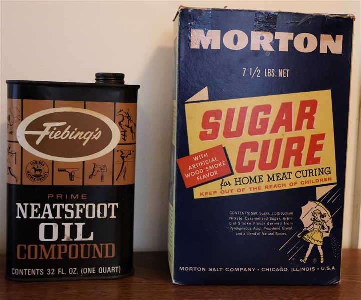 Mortons Sugar Cure for Home Meating Curing - New Old Stock Box Full and Fiebings Neatsfoot Oil Can 