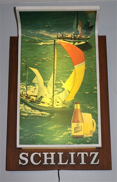 Schlitz Lighted Advertising Sign with Sail Boats - Curved Top - Measuring 28" by 19" 