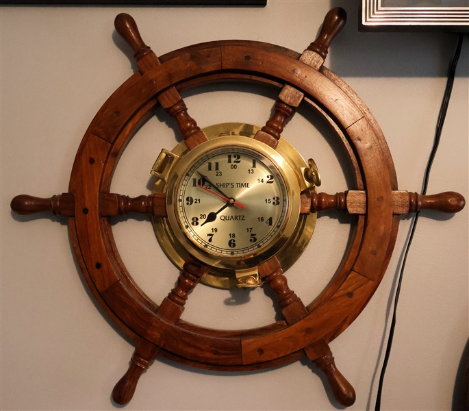 "Ships Time" Lacquered Brass and Wood Ships Wheel Clock - Measures 24" Across