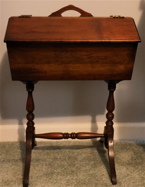 Nice Wood Sewing Box on Stand with Divided Insert - Hinged Doors on Each Side - Measures 21" tall 16" by 10 1/2"