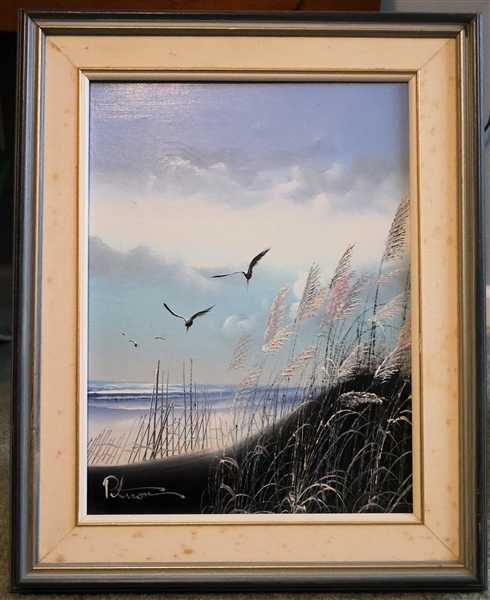 Peterson Artist Signed Beach Scene Oil on Canvas Painting - Framed with Linen Mat - Frame Measures 21" by 17" 