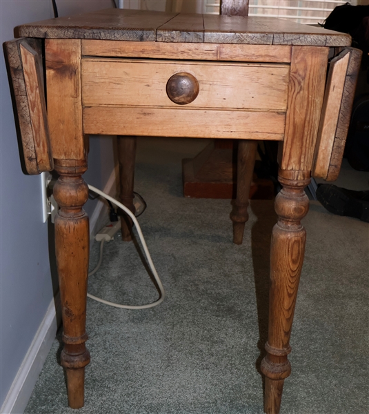 Sheraton Style Pine Drop Leaf Table with Drawer -  Measures 27 1/2" Tall 39" by 19 1/2" Each Leaf Measures 8 1/2"