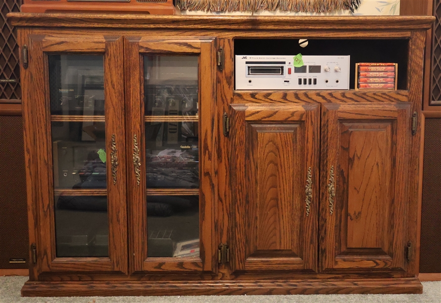 Oak Cabinet - 2 Glass Doors - 2 Raised Panel Blind Doors and Cubby - Measures 33" tall 48" by 17" 
