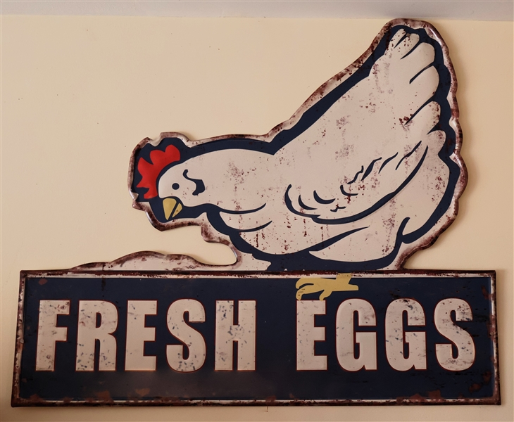 Modern Metal "Fresh Eggs" Sign with Hen - Measures 24" by 27"