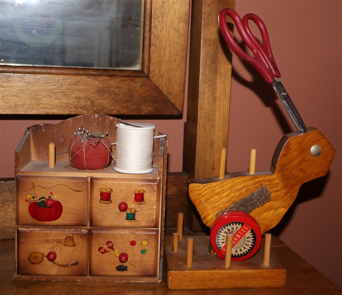 Wooden Sewing Bird with Spool and Scissor Holders and Small Doll House Dresser Measures 6 1/2" Tall 6" by 2" 