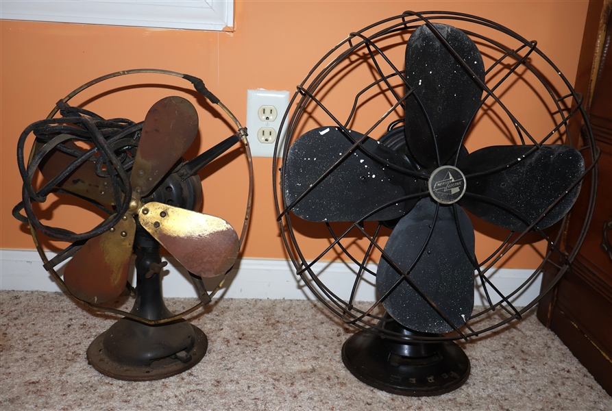 2 Antique Metal Fans - Smaller with Brass Blades and Larger Emerson Electric - 21"  - Working - 