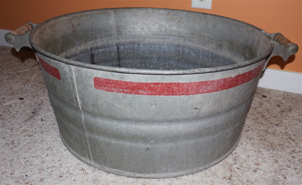 Martin Ware Galvanized Tub with Original Paper Label - Red Painted Ring - Wood Handles - Measures 11" tall 24" Across