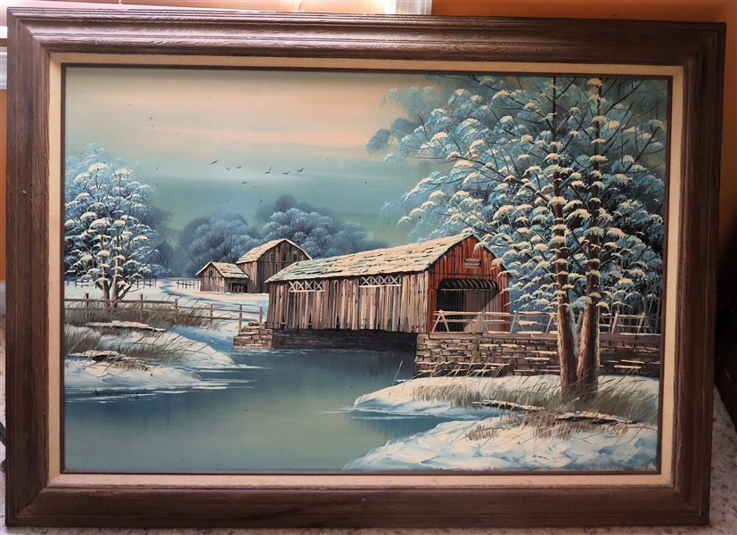 K. Michaelson Oil on Canvas Painting of a Winter Covered Bridge with Barn and Stream- Framed - Frame Measures 31" by 43"