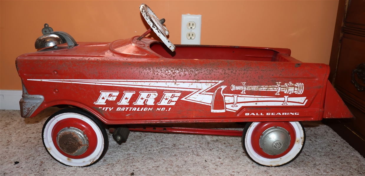 Antique "Fire" Pedal Car - "Fire City Battalion No. 1" - "Ball Bearing" - With Original Cardboard Seat and Bell 