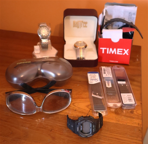 Dresser Lot including Foster Grant Sunglasses, Hampden Automatic Watch, Casio Digital Watch, Bay Tree Watch New in Original Box, and 2 Other Casio Digital Watches