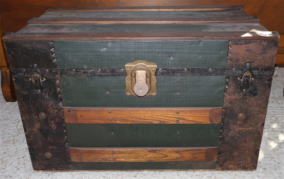 Nice Flat Top Trunk with Leather Handles - Embossed Front and Sides - With Tray - Measures 19" Tall 30" by 17"