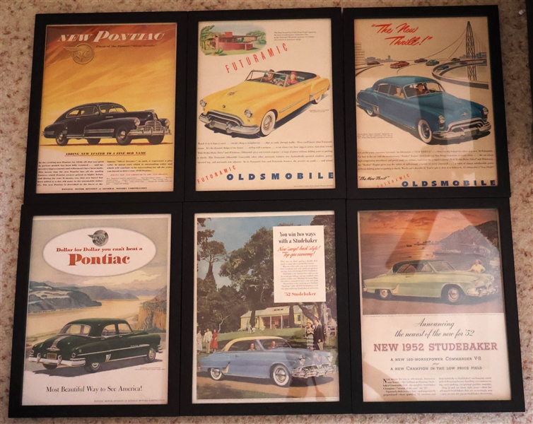 6 Framed Car Advertisements from Magazines - Pontiac, Studebaker, and Oldsmobile - Frames Measure 13" by 10" 