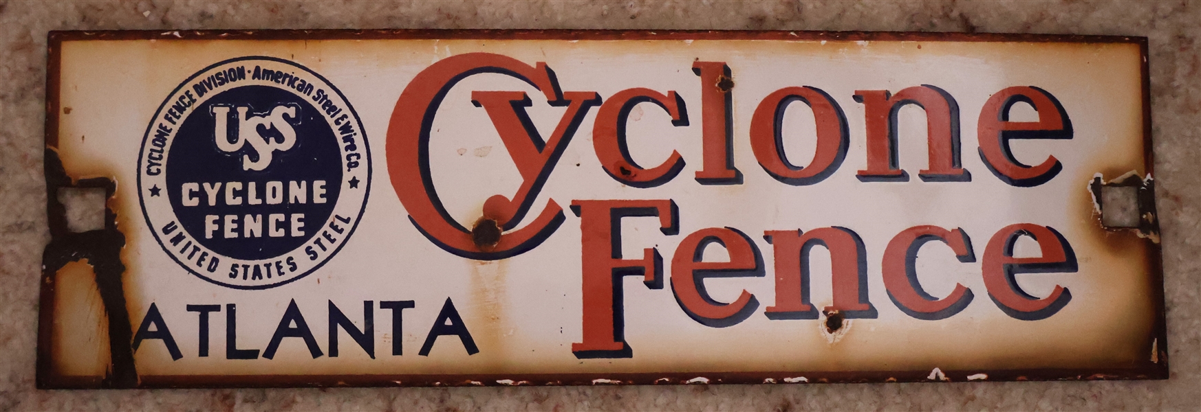 Porcelain Enamel "Cyclone Fence - Atlanta" Sign - USS Cyclone Fence - Measures 4 1/4" by 13 1/2"