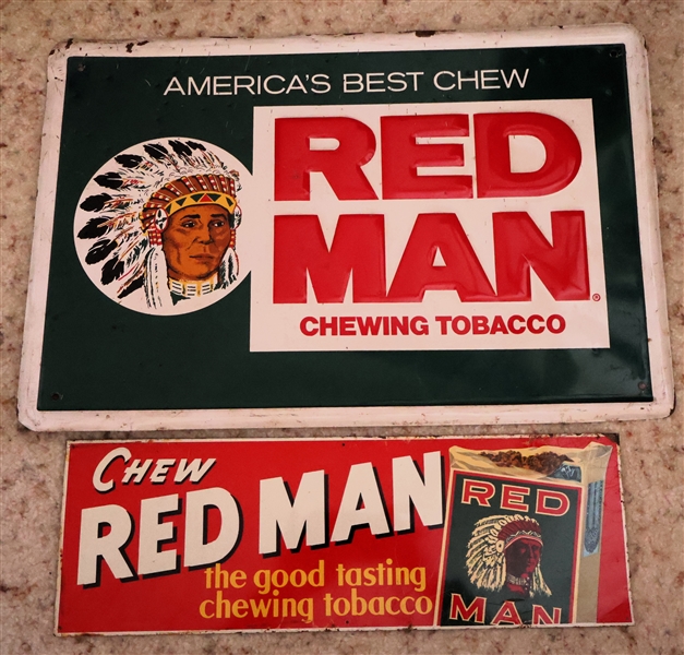 "Chew Red Man" Tin Litho Sign and "Red Man" Embossed Metal Sign -  Tin Sign Measures 5" by 15" Other Measures 12" by 18"