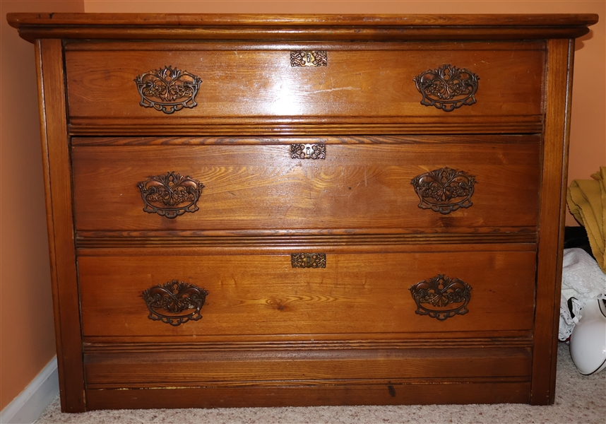 1890s Oak Paneled Side Dresser - 3 Pin and Scallop Dovetailed Drawers - Measures 31 1/2" Tall 43" by 18" 