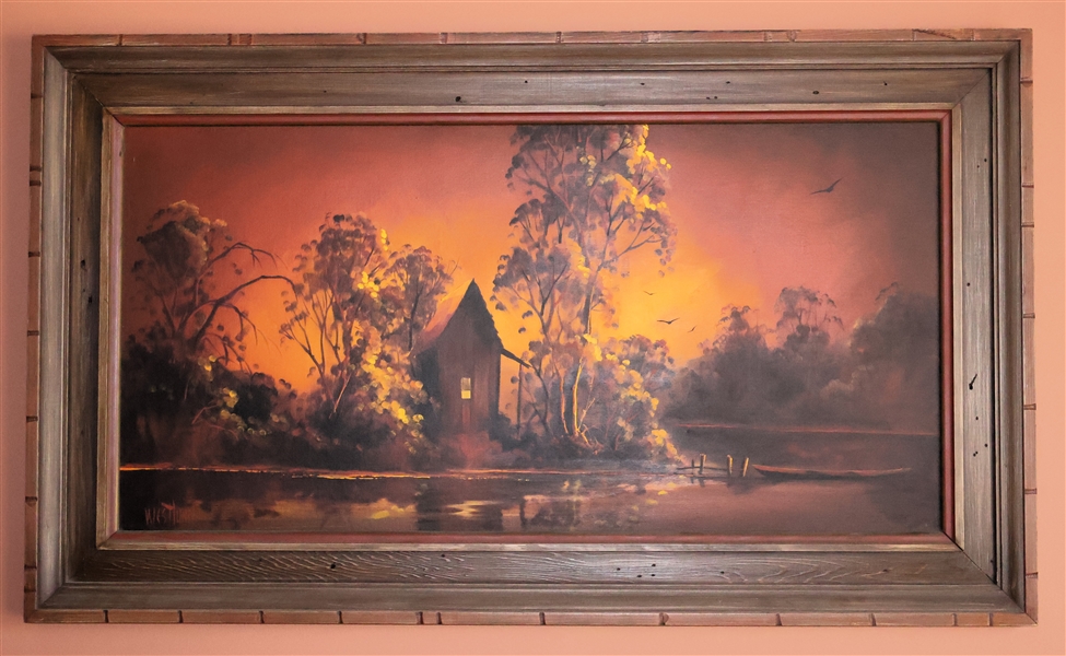 Artist Signed Westlund Painting on Board - Lake with House and Trees - Framed - Frame Measures 25 1/2" by 43" 