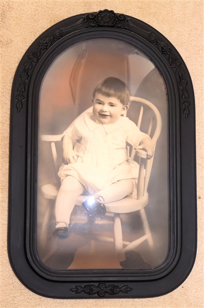 Very Nice Bowed Glass Frame with Hand Colored Picture of A Little Boy - Frame Measures 23" by 15"