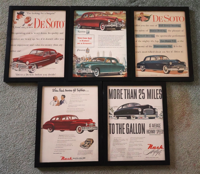 5 - Framed Car Magazine Advertisements - Kaiser/ Frazer, De Soto, and Nash - Each Frame Measures 13" by 10" 