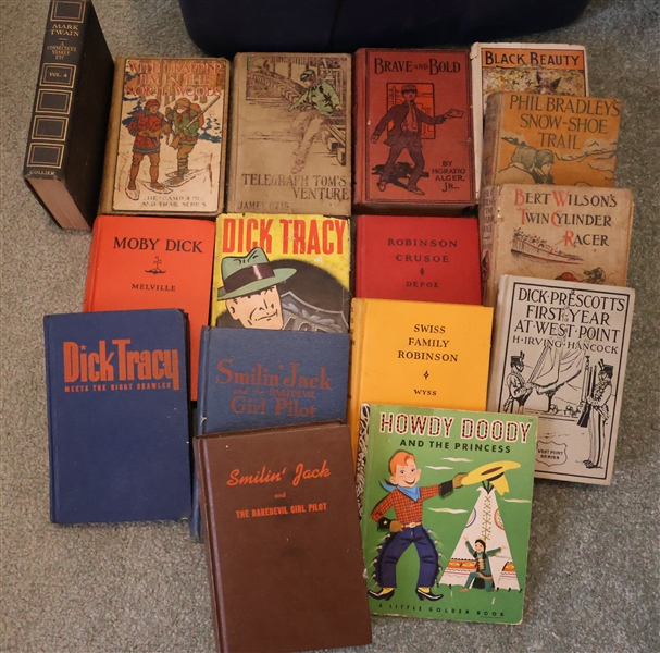 Lot of Hardcover Books including Dick Tracy, Moby Dick, Smilin Jack and the Daredevil Girl Pilot, Swiss Family Robinson, Howdy Doody, Dick Prescott, and Black Beauty