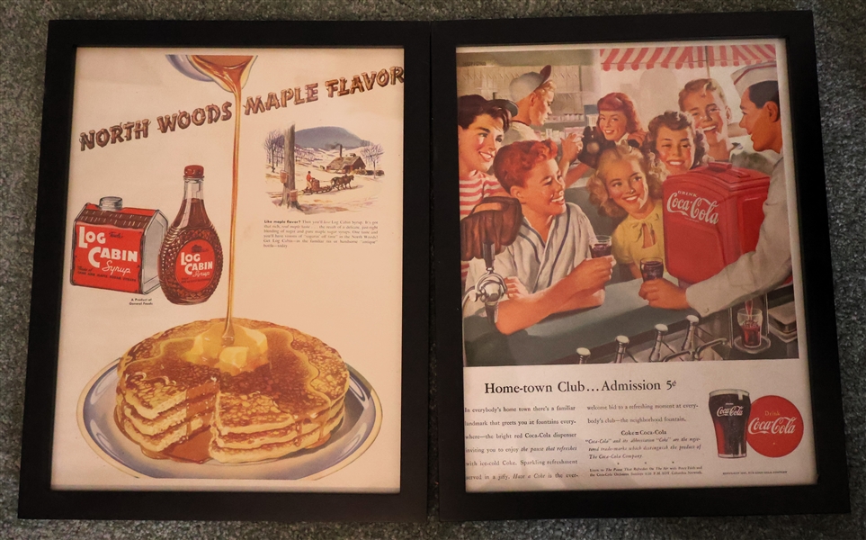 2 Framed Advertisements - Log Cabin Syrup and Coca Cola - Both Original Advertisements From Magazines - Frames Measure 13" by 10" 