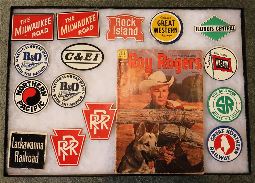 Metal Railroad Emblems Collected From Posts Sugar Crisp Cereal in Nice Glass Top Display Box - Also Including July 1954 Roy Rogers Comic Book with Advertisement Regarding Railroad Emblems on Back - 