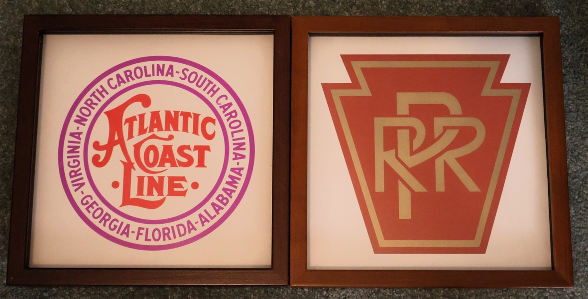 Shadow Box Frames with Rail Road Logos - "Atlantic Coast Line" and "Pennsylvania Rail Road - Each Frame Measures 12" by 12" 