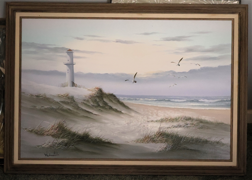 Winstin Artist Signed Beach Scene Oil on Canvas Painting - Framed - Frame Measures 32" by 41" 