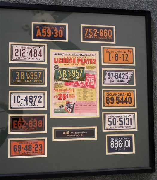 Wheaties 1953 License Plates - Southern States Set - Impeccably Framed and Matted with Original Wheaties Advertisement - Frame Measures 26 1/2" by 26" 