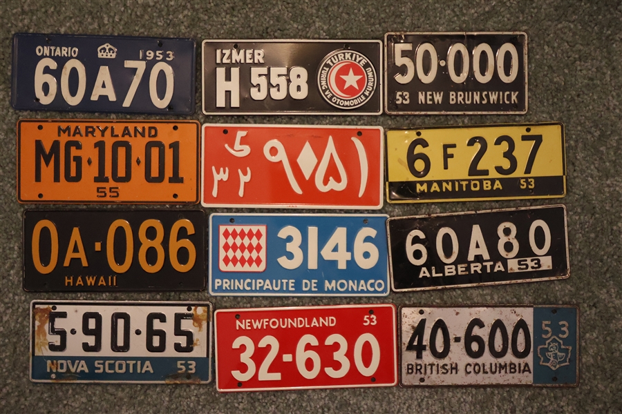 12 - 1950s Wheaties License Tags - Canada, Newfoundland, Nova Scotia, Monaco, Iran, and Turkey 