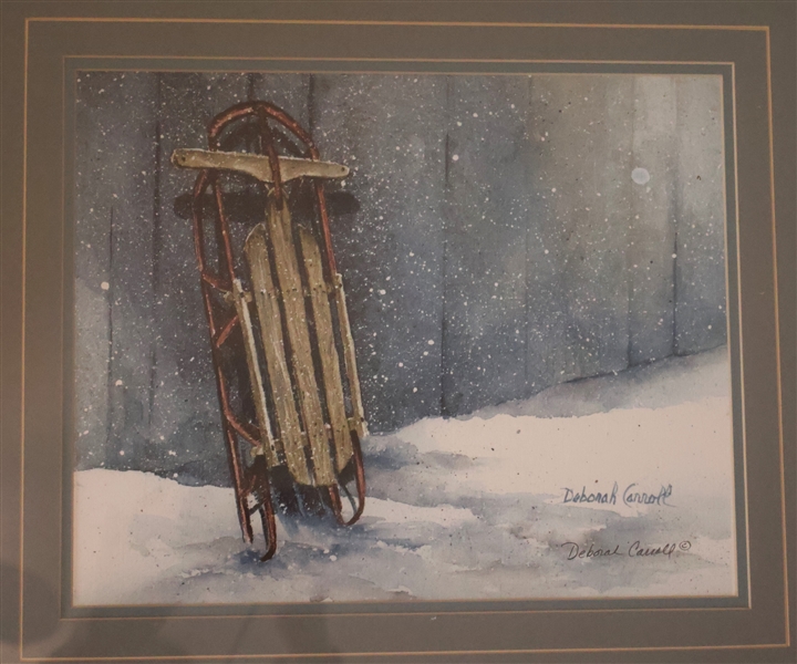 Deborah Carroll Artist Signed Print of Snow Sled - Framed and Double Matted - Frame Measures 15" by 17" 