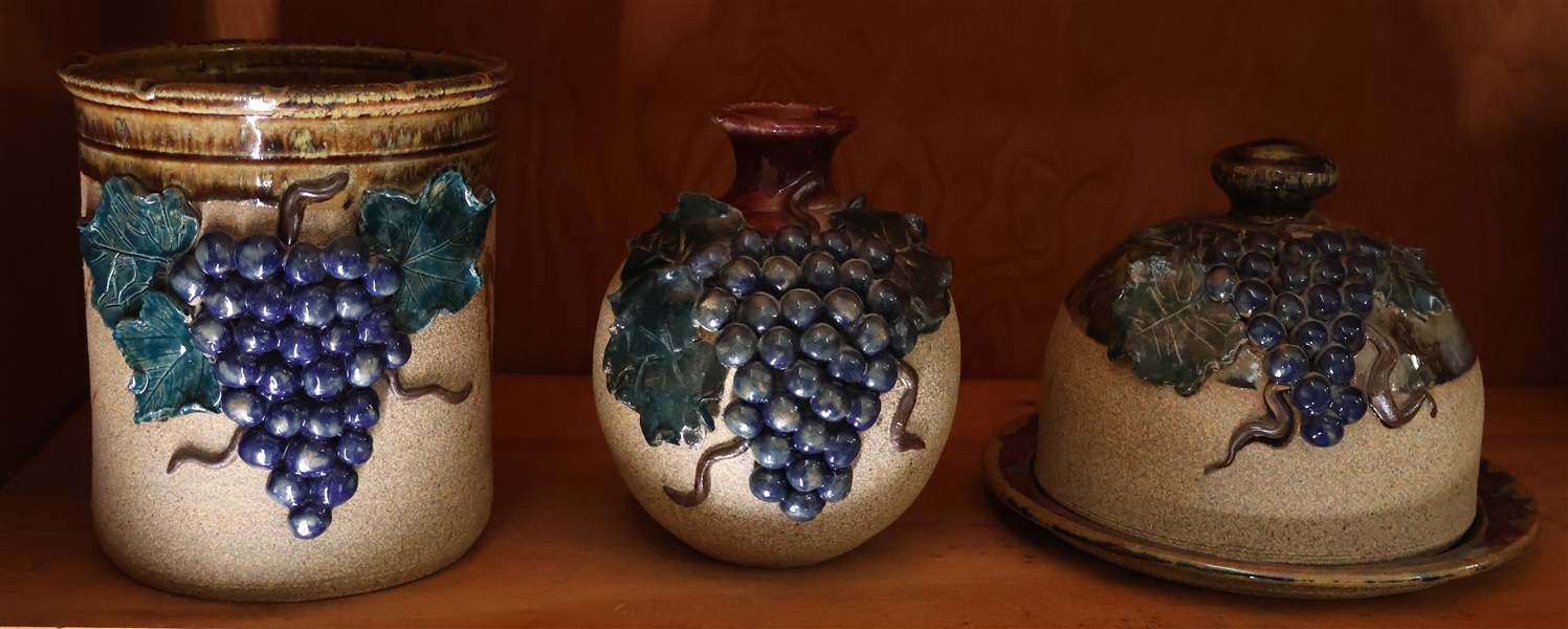 3 Pieces of Nellie Kitts Art Pottery From Sanford NC - Crock, Vase, and Cheese Dish All with Grapes - Purchased in the 2006 State Fair - Crock Measures 6 3/4" Tall 5 3/4" Across