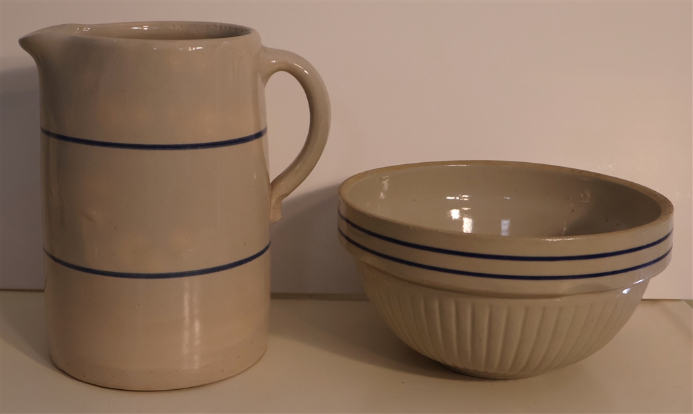 Blue Decorated Stoneware Pitcher and Mixing Bowl - Pitcher Measures 10" Tall Bowl Measures 9 1/2" Across