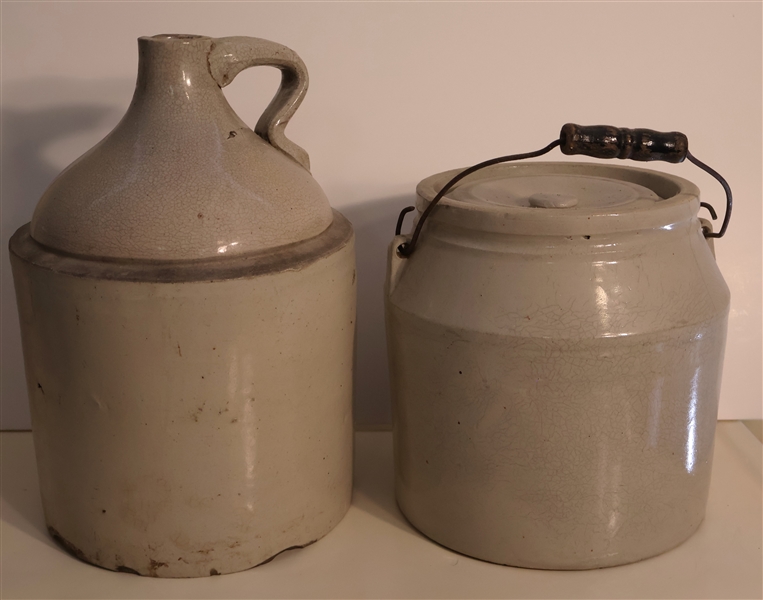 Large Stone Jug and Crock with Lid and Wood Bail Handle - Jug Measures 14" tall Crock Measures 9 1/2" Tall - Crock Has Hairline Crack 