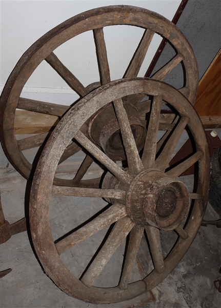 Pair of Wood Spoke Wagon Wheels with Metal Hubs - Each Wheel Measures 36"