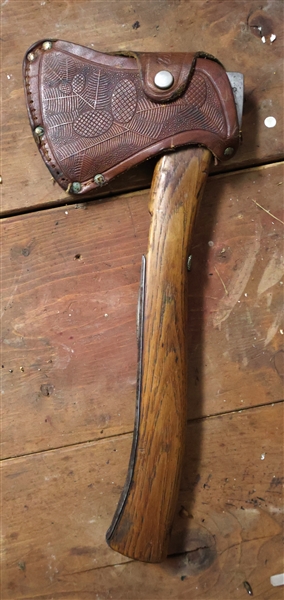 Marbles No. 5 Antique Safety Axe - Hatchet with Folding Safety Cover and Hand Tooled Leather Sheath with Pine Cones