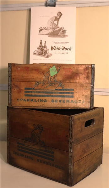  2 White Rock Sparkling Beverages Wood Crates and White Rock Sparking Water - Pale Dry Ginger Ale -Paper Advertisement - Larger Crate Has Hole in Bottom - Good Graphics on Inside and Out 