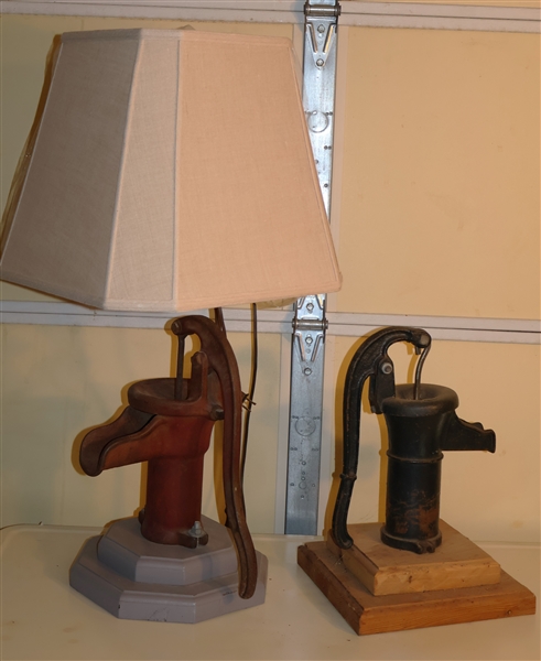 2 Iron Pumps on Wood Platforms - One Has Been Turned to a Lamp with Nice Shade - Blue Pump is McDermont Pumps and Red Long Stroke 