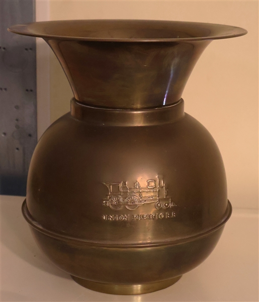 Brass Union Pacific Railroad Spittoon - Train Embossed on Both Sized - Measures 10 1/2" Tall 9 1/2" Across