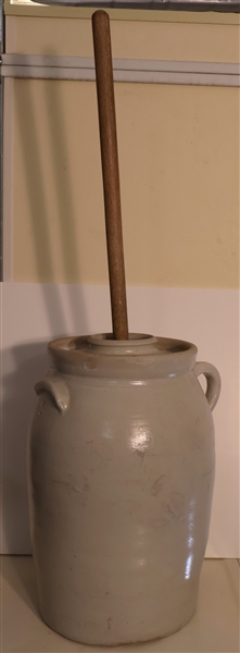 5 Gallon Stone Churn with Stone Lid and Wood Dasher - Incised 5 Under 1 Handle Pouring Handle on Other Side