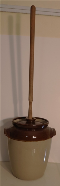 Unusual Small Brown and White Stone Churn with Lid and Wood Dasher - Lots of Wear on Dasher Handle - Churn Measures 11 1/2" Tall 