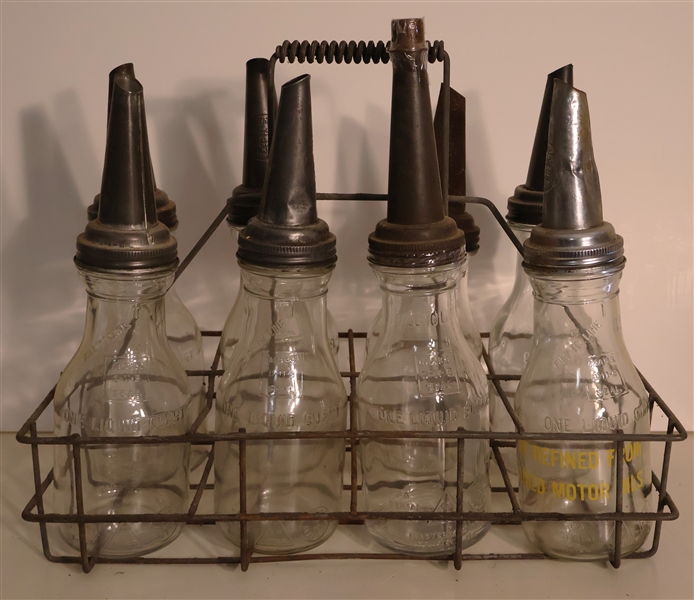 Antique Service Station Metal Oil Bottle Carrier with 8 Glass Oil Bottles with Pouring Spouts - 8 - One Quart Oil Bottles 