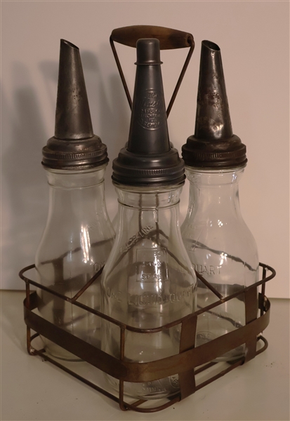 Antique Service Station Metal Oil Bottle Carrier with 4 One Quart Glass Oil Bottles with Pouring Spouts - Carrier Has Wood Handle 
