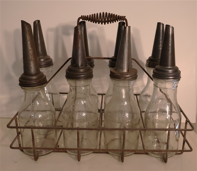 Antique Kalamazoo Service Station Oil Bottle Carrier - Holds 8 Bottles - with 8 -  Glass One Quart Oil Bottles with "The Master"  Pouring Spouts 