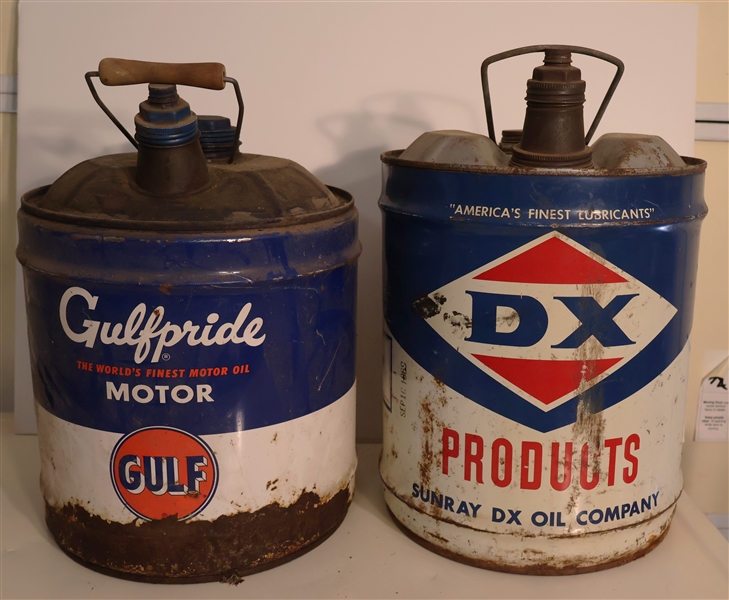 2 - 5 Gallon Oil Cans - Gulf Pride Gulf Motor Oil Can and DX Products - Sunray DX Oil Company 
