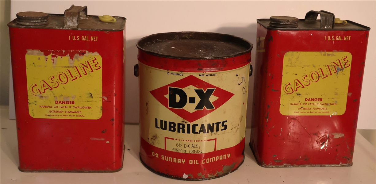 2 - 1 Gallon Metal Oil Cans Advertising Prestone Coolant and DX Lubricants Grease Tin -with Some Grease - DX Sunray Oil Company 