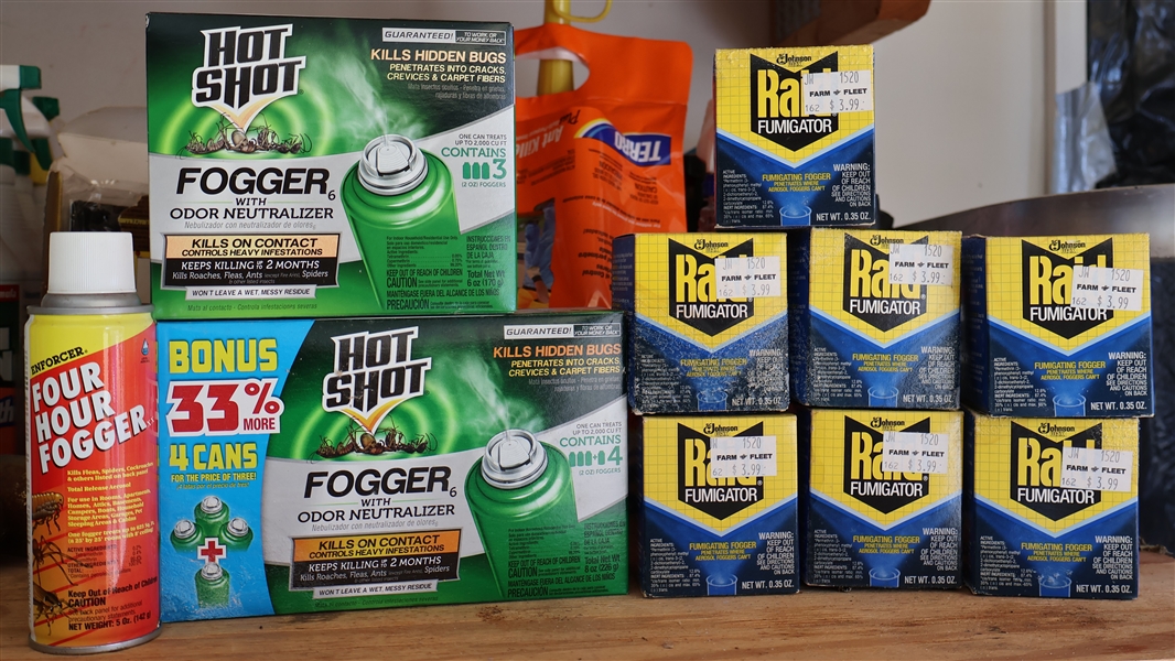 2 New Boxes of Hot Shot Foggers, 7 - Raid Fumigators, and 1 - Four Hour Fogger 