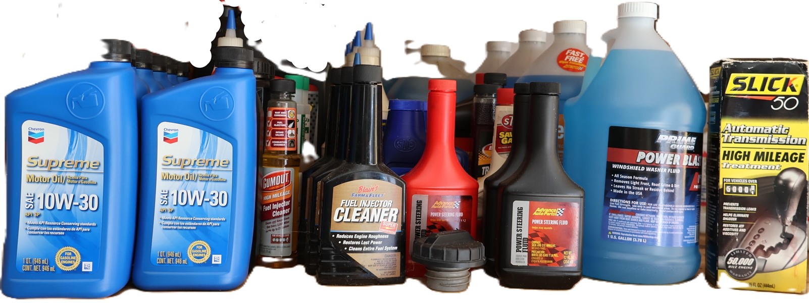 Huge Lot of NEW FULL Car Related Products - Windshield Washer Fluid, Power Steering Fluid, STP Oil Treatment, Fuel Injector Treatment, High Mileage Fuel Injector Cleaner, Supreme 10W-30 Motor Oil,...