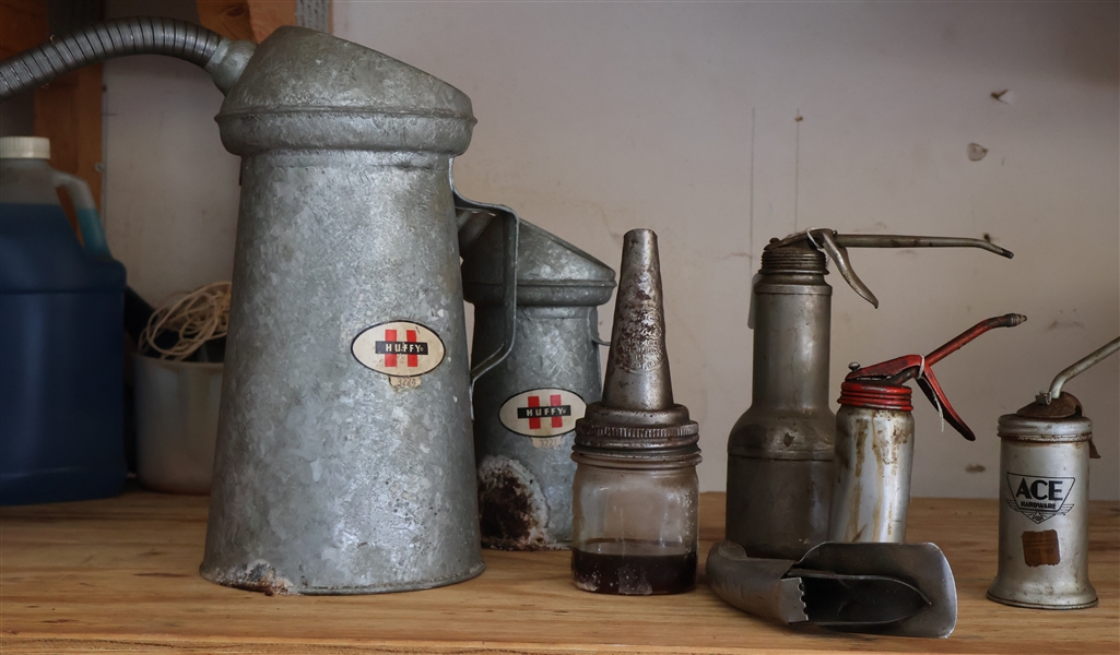 2 Huffy Galvanized Oil Cans with Original Labels, Pint Size Oil Bottle with Pouring Spout, 3 Oilers, and Nozzle