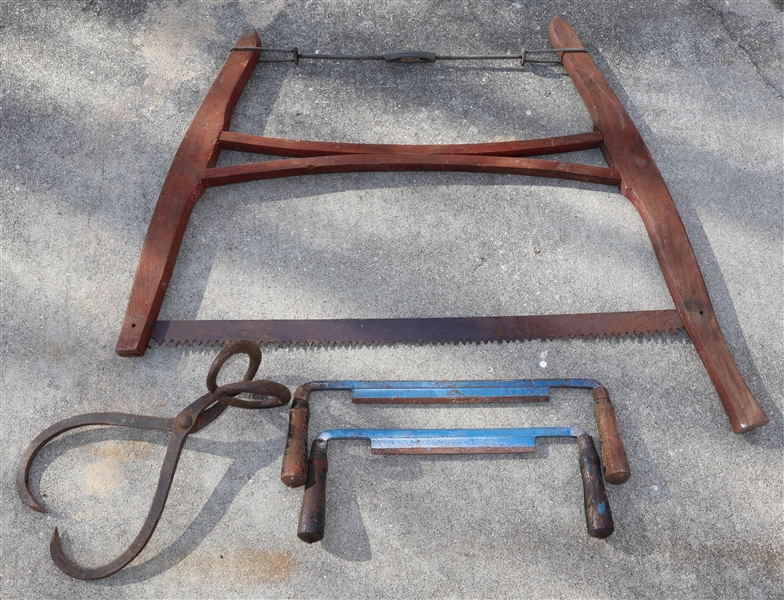 Antique Tool Lot including Wood Bow Saw, 2 A. Carpenter Drawing Knives, and Ice Hooks 
