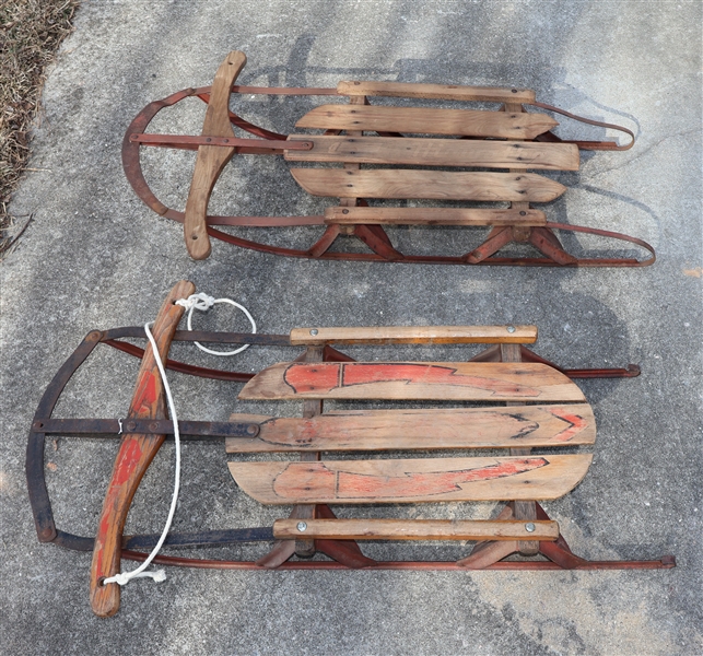 2 Antique Wood and Metal Snow Sleds - Measuring 34" Long
